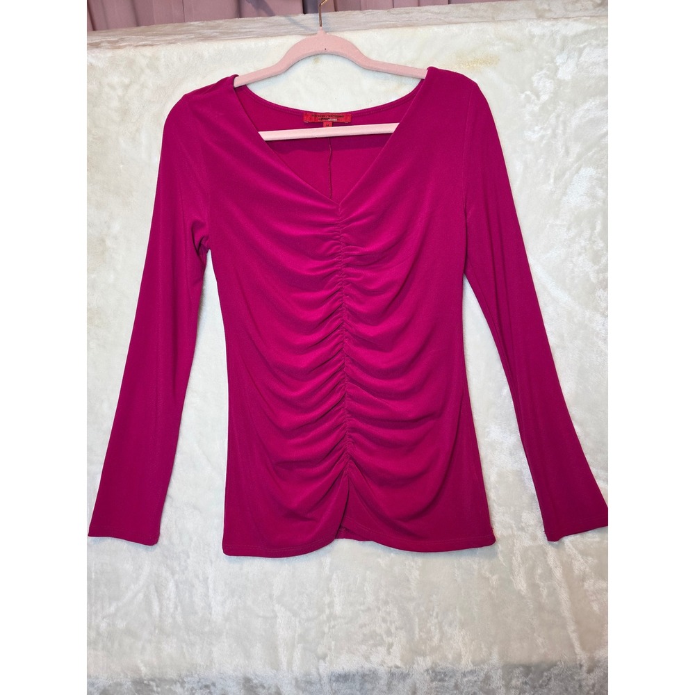 Narciso Rodriguez DesigNation Berry Pink Ruched V-Neck Long Sleeve Top Medium